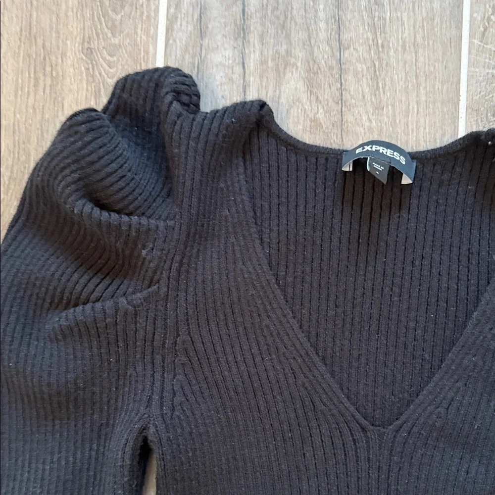 Express Black V-Neck Sweater with Puff Sleeves - Picture 4 of 5